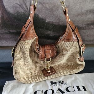 Coach Tan and Brown Leather Shoulder Bag with Metallic Hardware